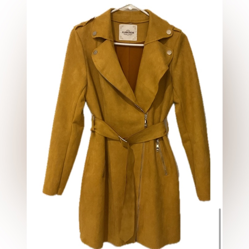Faux Suede Mustard Yellow Trench Coat with Asymmetrical Zipper and Belt
